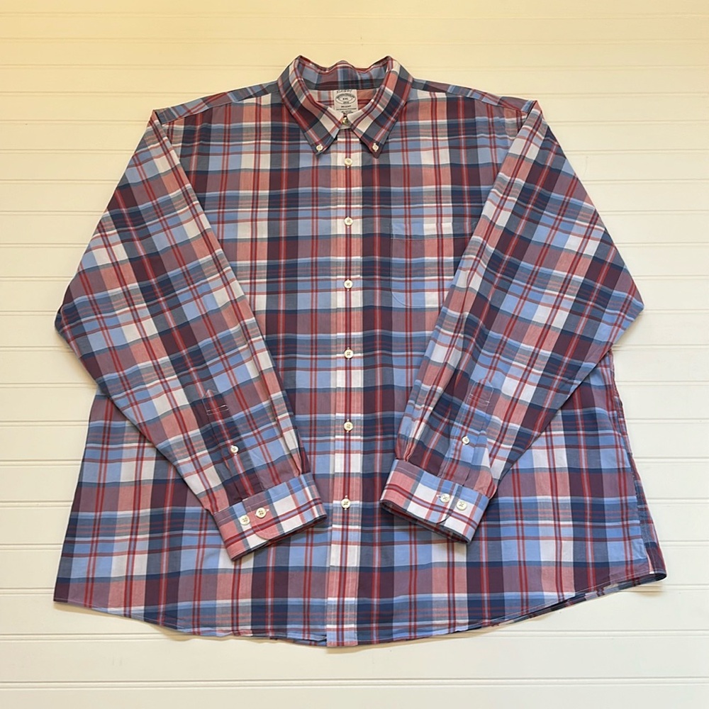 Brooks Brothers Red, White, & Blue Plaid Button Down Mens 2XL
